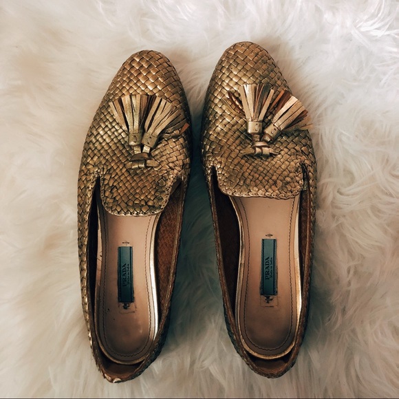 Prada Shoes - Prada Madras Gold Metallic Woven Tassel Loafer